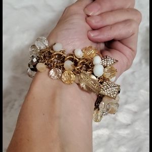KOHL'S Goldtone mixed media stretchy chain bracelet beads gems rhinestones